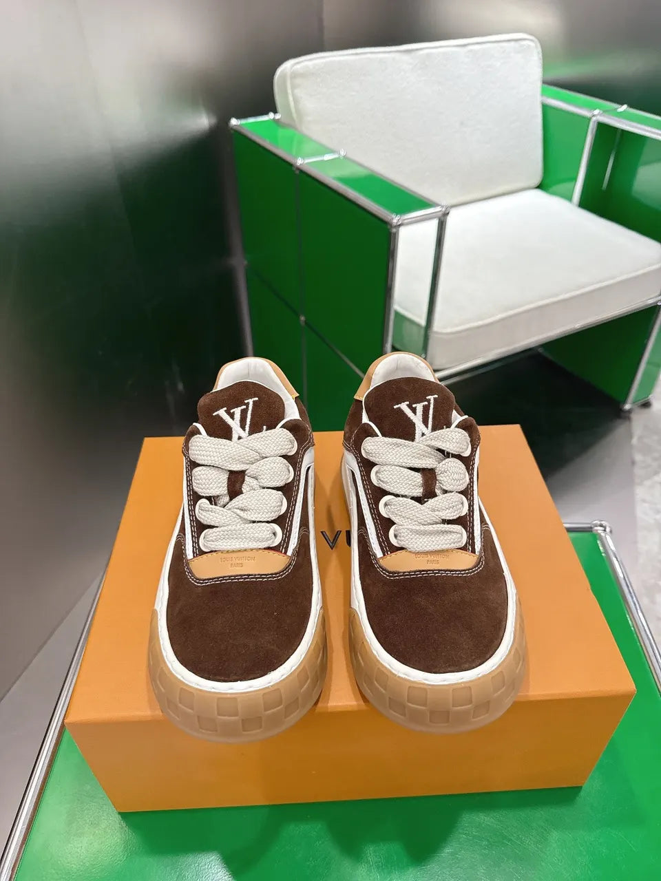designer Louis Vuitton Brown Suede Low Top Sneakers