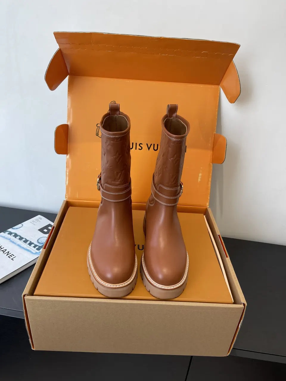 monogram LV Brown Leather Biker Boots