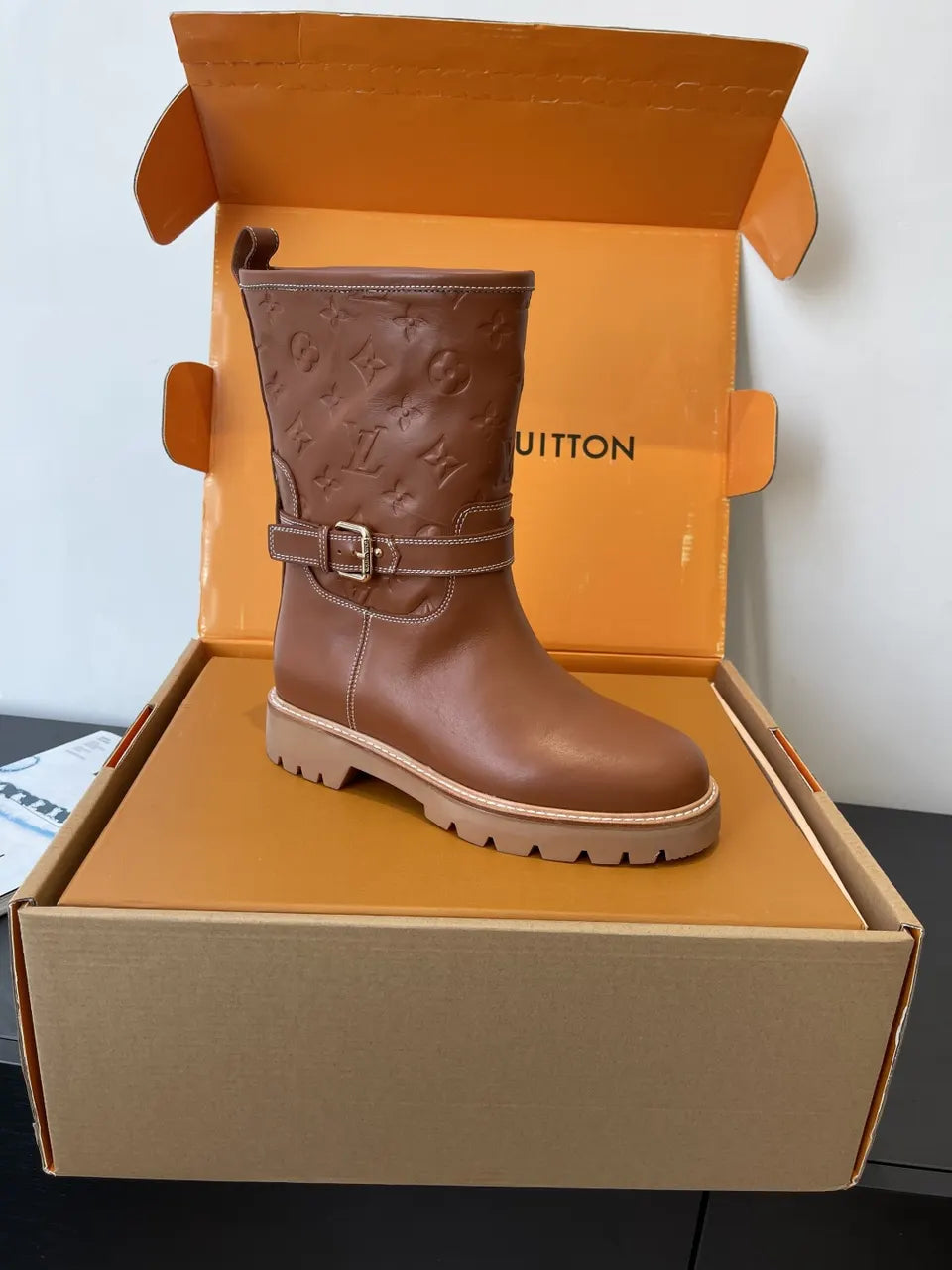 monogram LV Brown Leather Biker Boots - Hình 2
