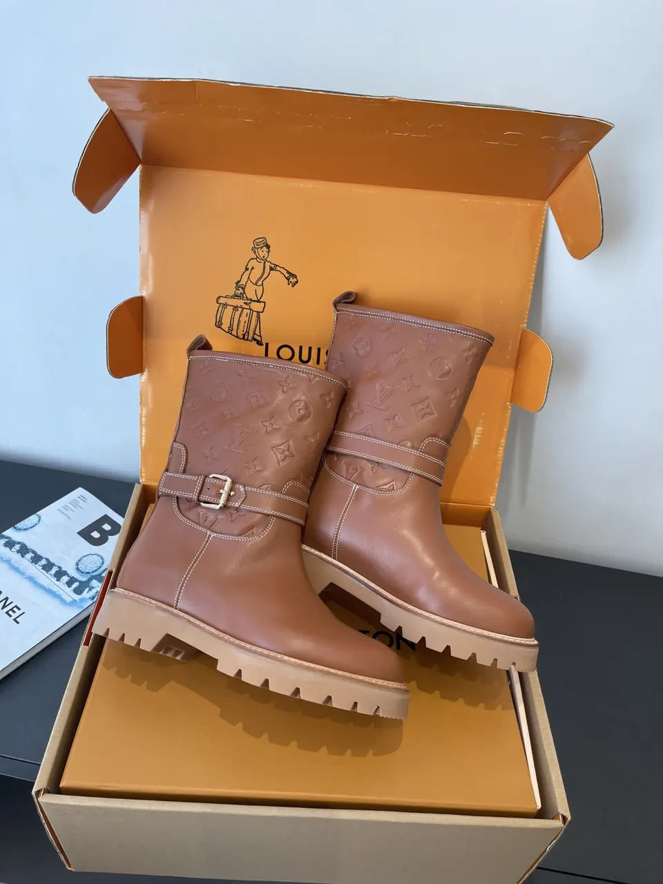 monogram LV Brown Leather Biker Boots - Hình 3