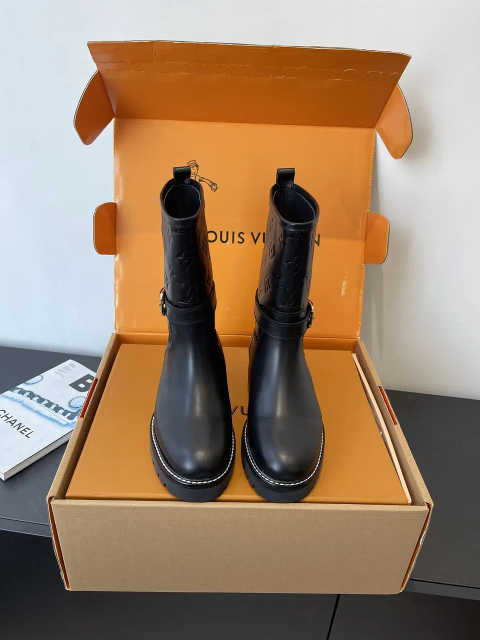 Louis Vuitton Black Leather Embossed Biker Boots