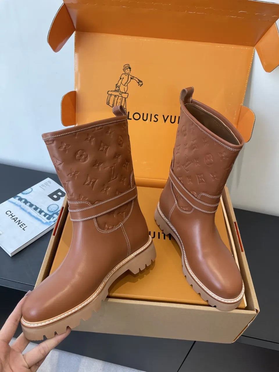 monogram LV Brown Leather Biker Boots - Hình 4