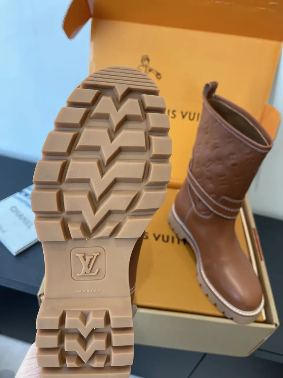 monogram LV Brown Leather Biker Boots - Hình 5