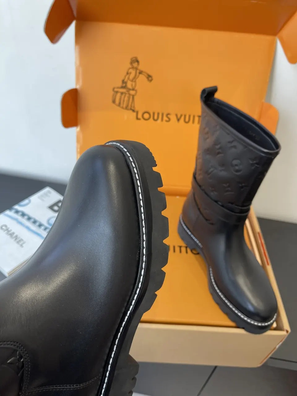 Louis Vuitton Black Leather Embossed Biker Boots - Hình 6