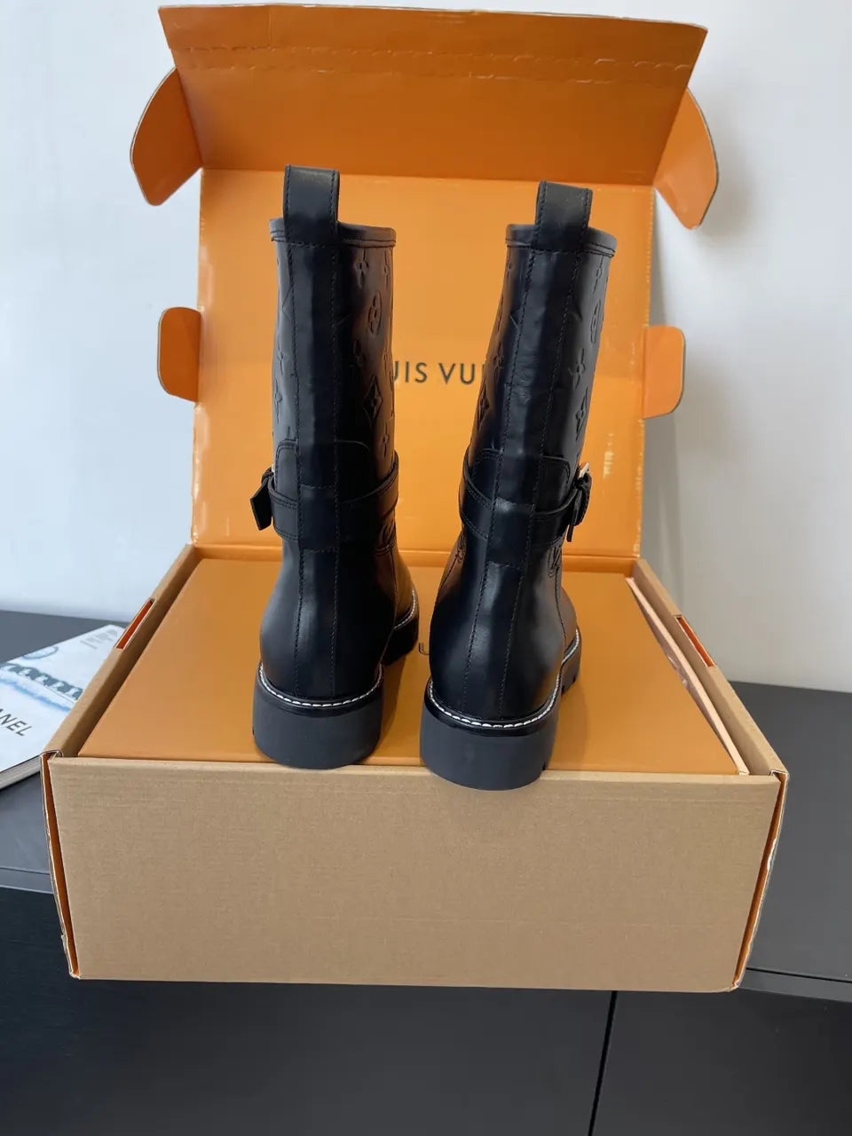 Louis Vuitton Black Leather Embossed Biker Boots - Hình 8