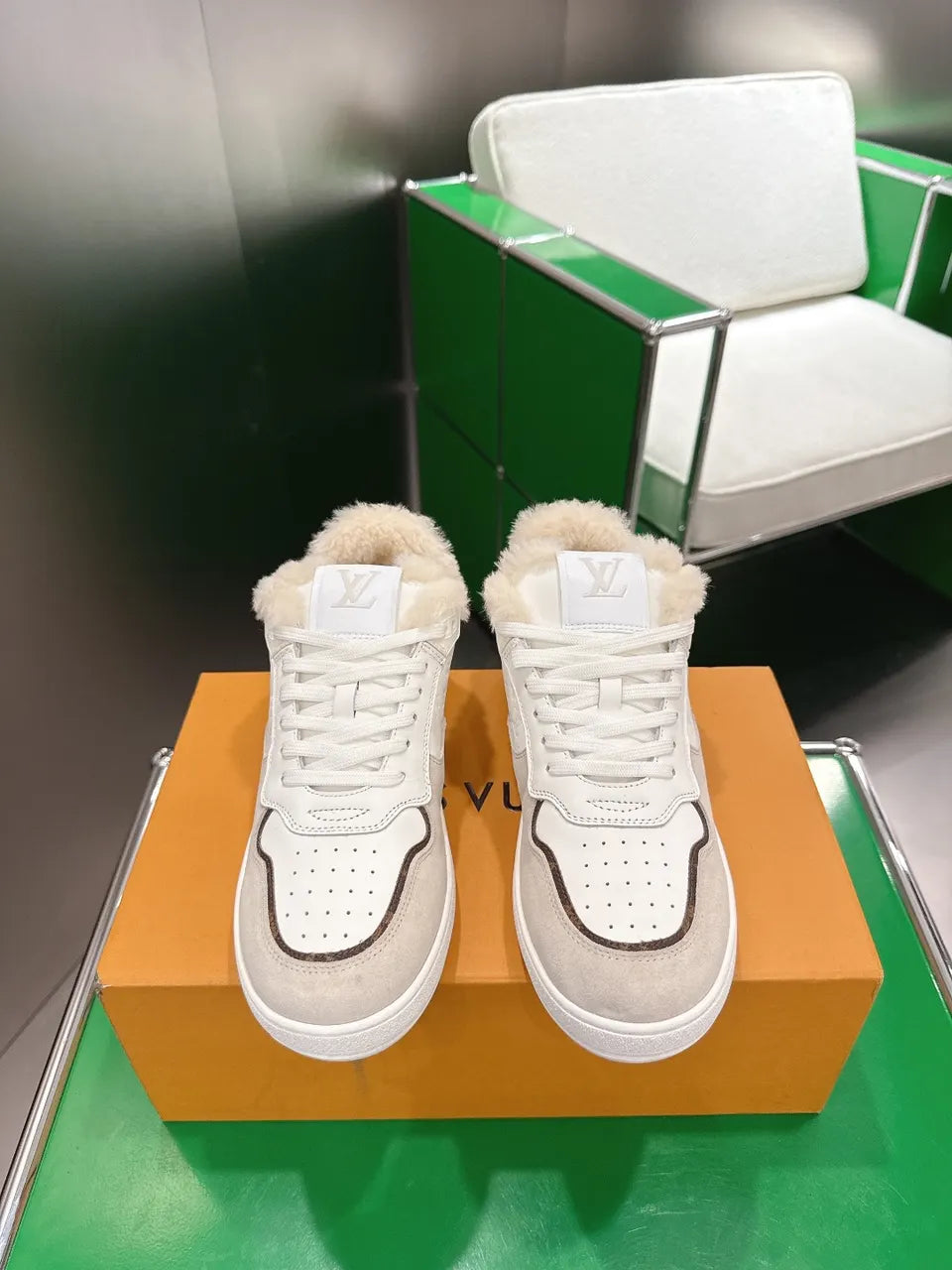 LV White Leather Fur Sneaker
