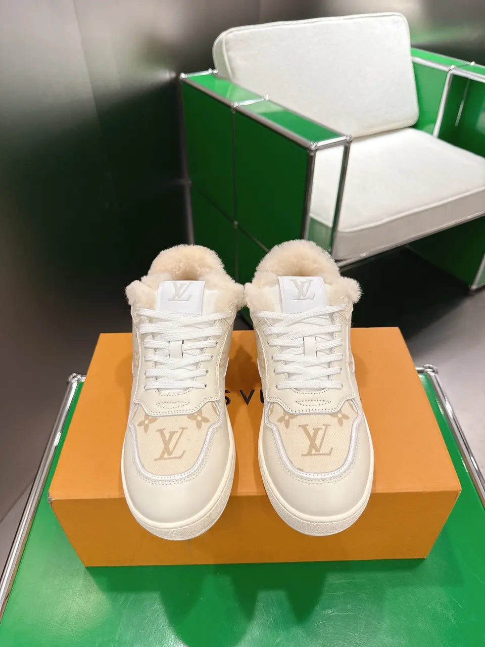 Cream Canvas Fur Trim Sneakers