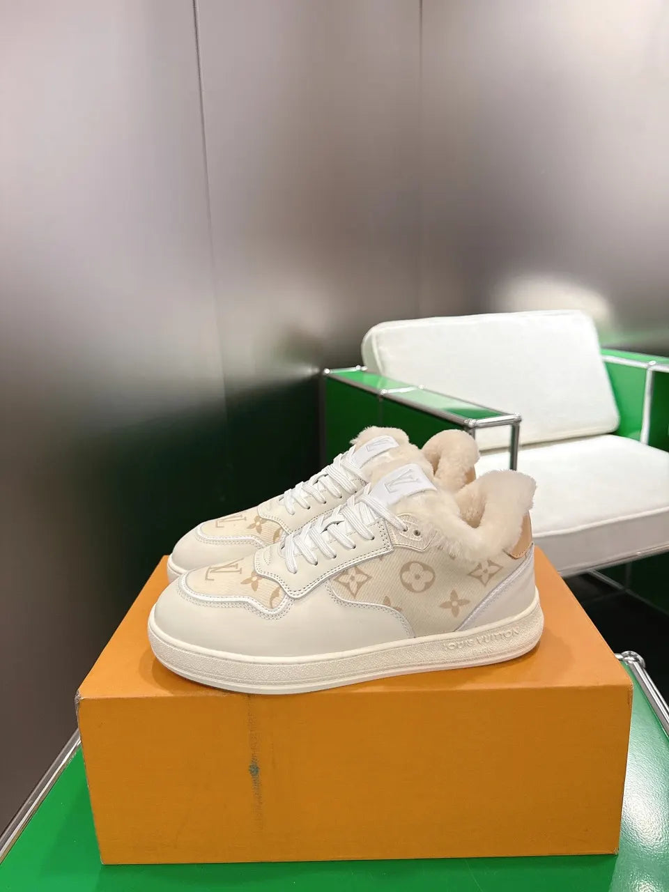 Cream Canvas Fur Trim Sneakers - Hình 2