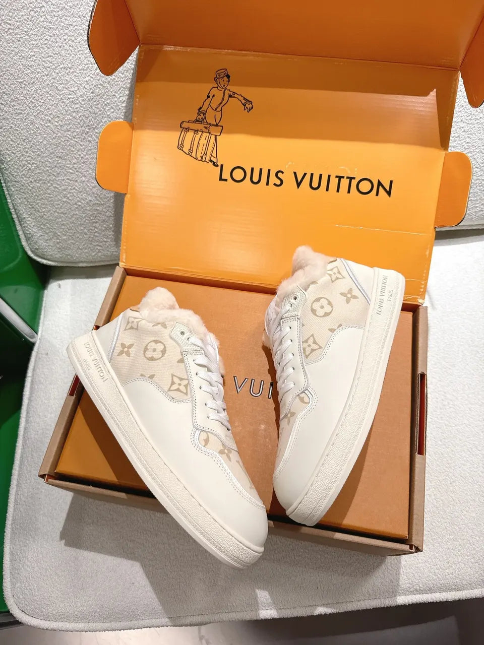 Cream Canvas Fur Trim Sneakers - Hình 3