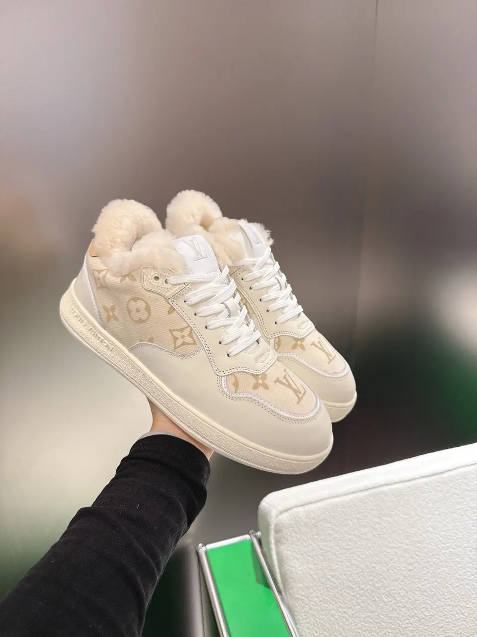 Cream Canvas Fur Trim Sneakers - Hình 4
