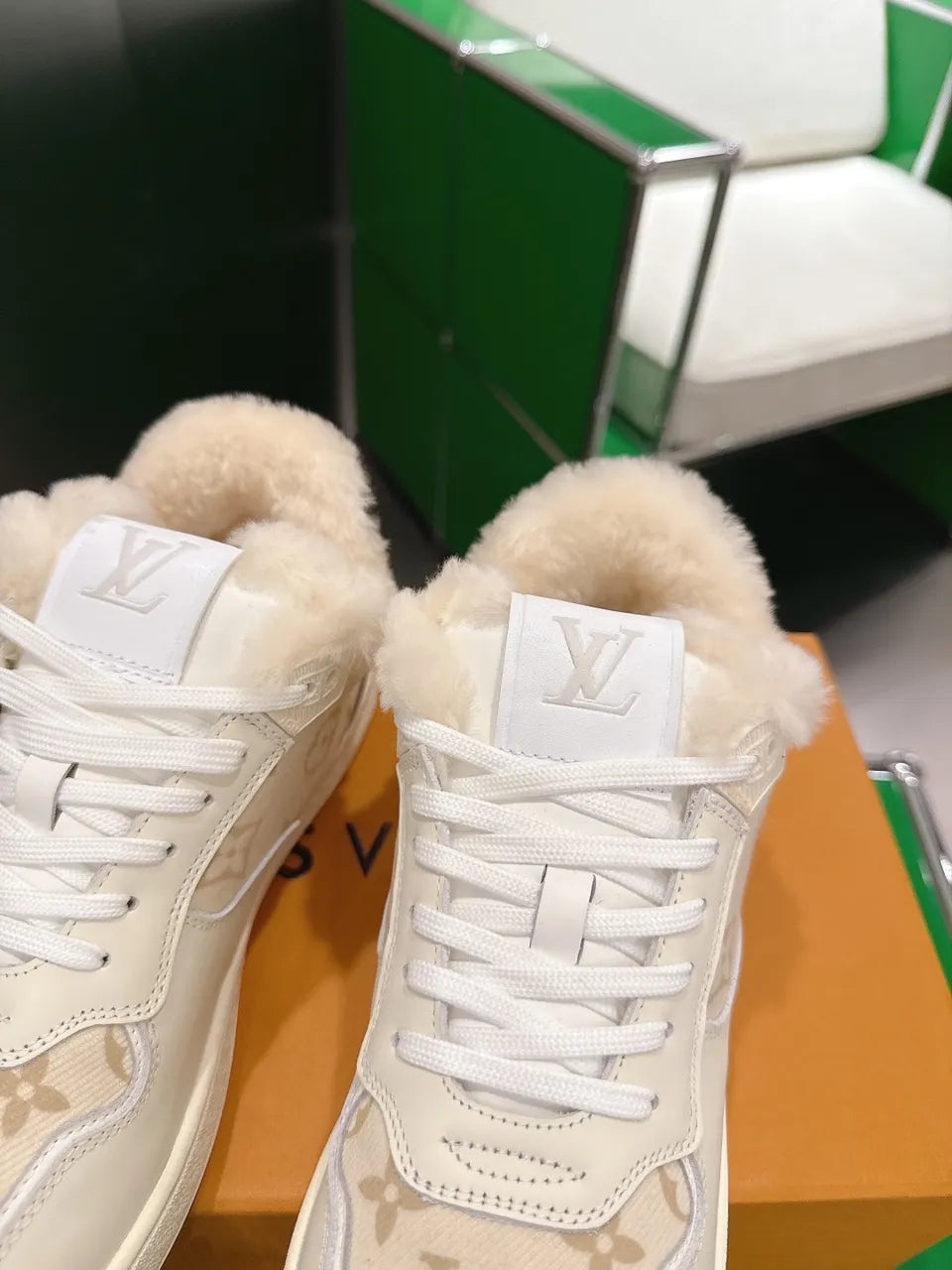 Cream Canvas Fur Trim Sneakers - Hình 5