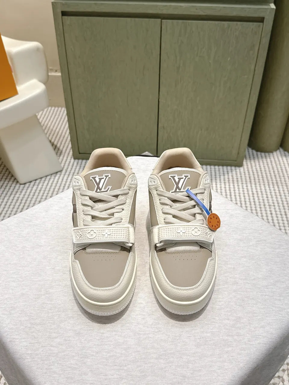 Beige Leather Strap Sneakers