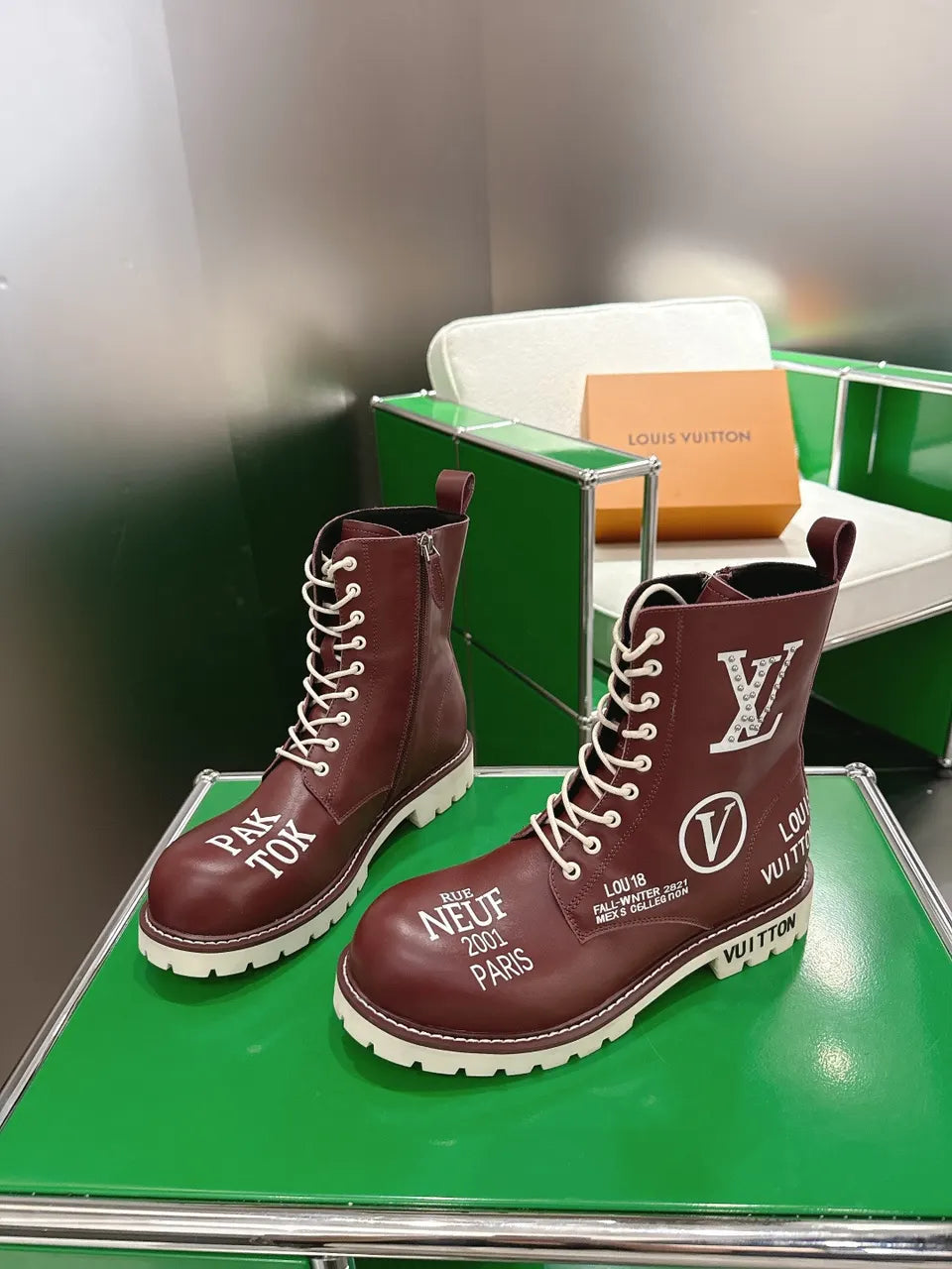 Burgundy Leather Lace-Up Boots - Hình 2