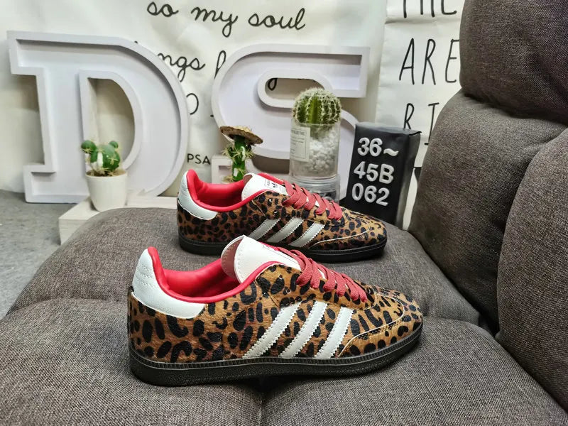 red Adidas Samba Leopard Print