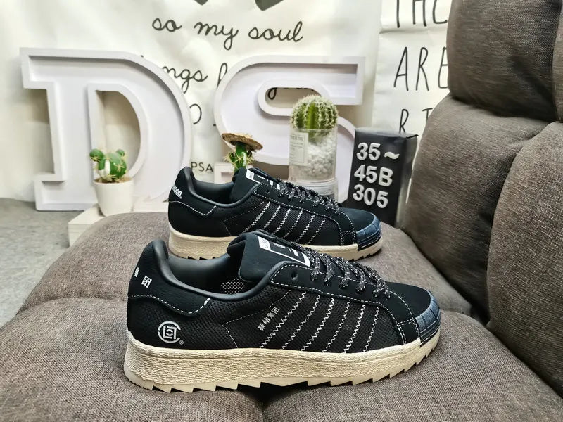 rugged Adidas Superstar Black Denim